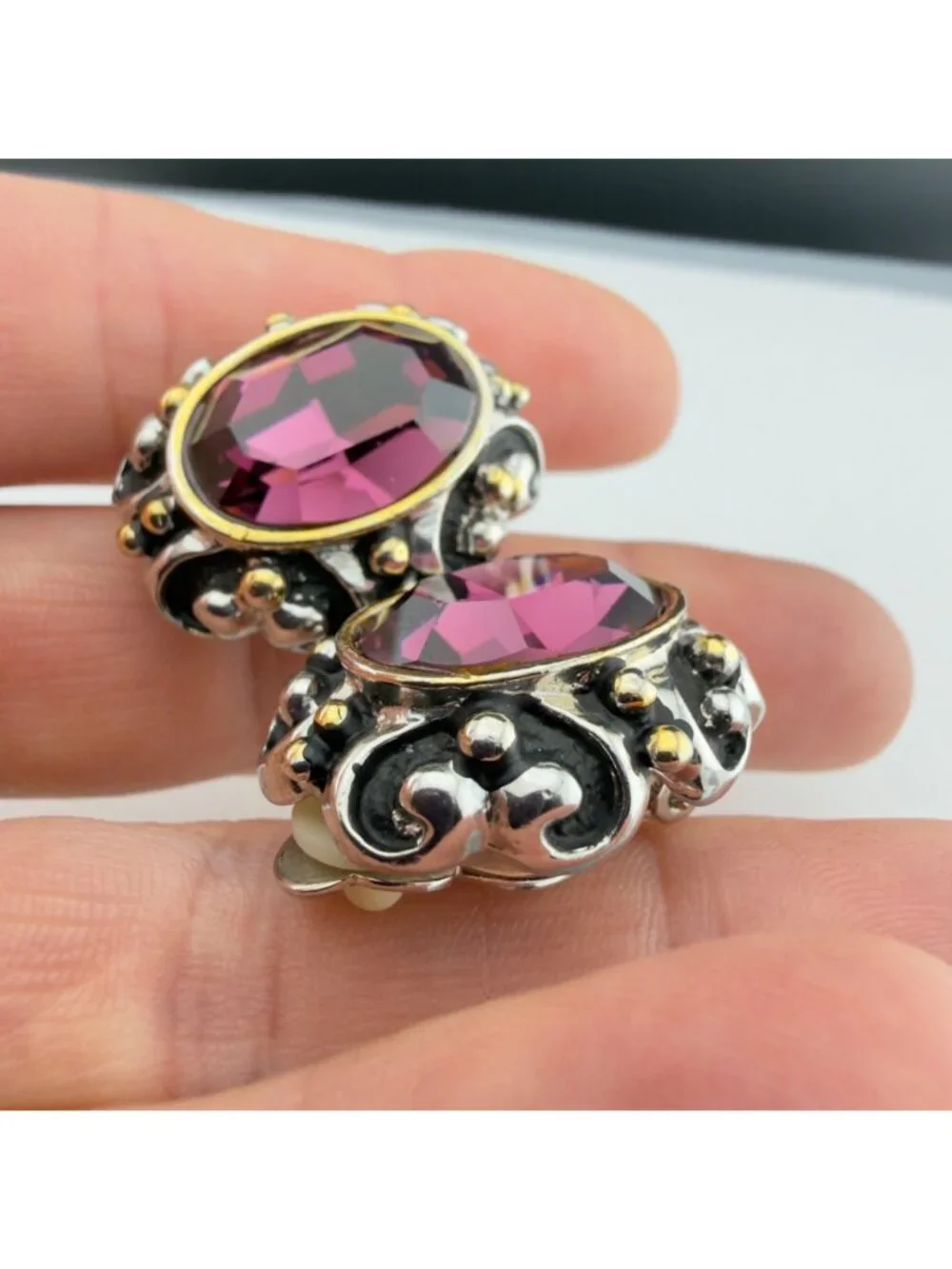 Vintage Clip On Earrings Rhinestone Two Tone Chunky Statement Purple Glass